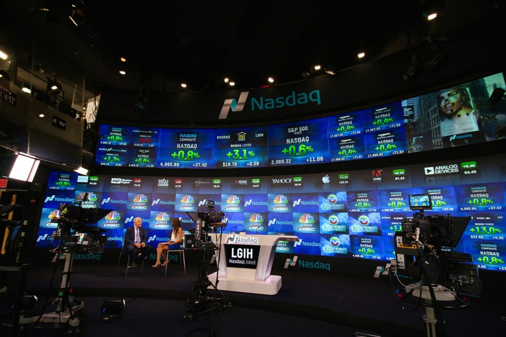 Nasdaq MarketSite studio in Times Square with stock tickers on video walls
