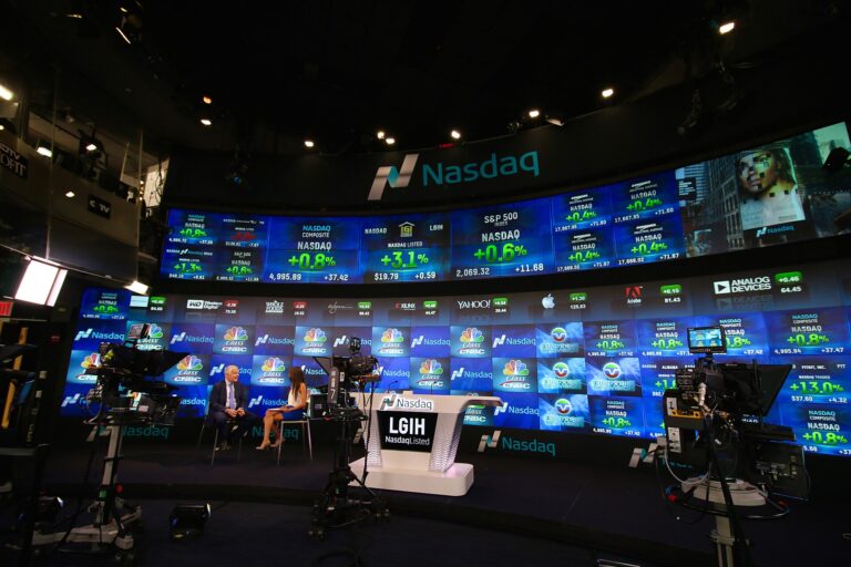 Nasdaq MarketSite studio in Times Square with stock tickers on video walls