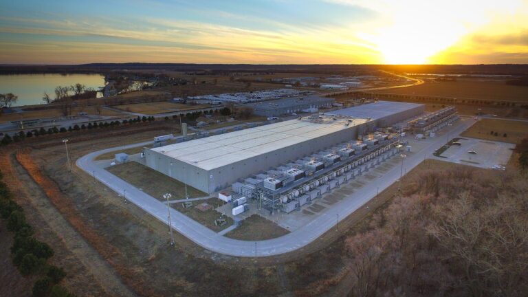 Aerial view of a large Google data center campus