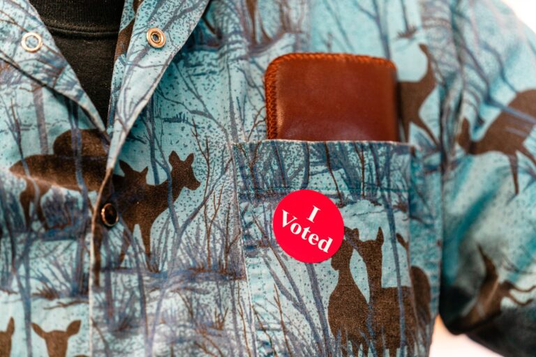 Red "I Voted" sticker on the pocket of a patterned blue shirt