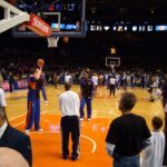 Knicks players warming up on the court at Madison Square Garden before an NBA game